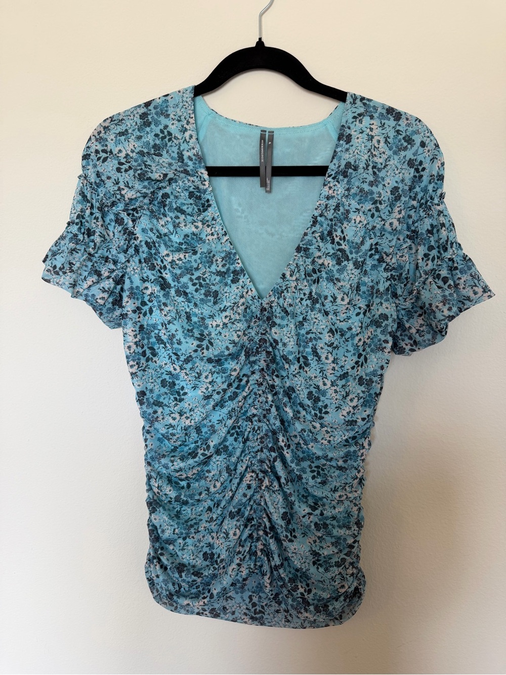 Anthropologie Teal Floral Ruched Mesh Top XL